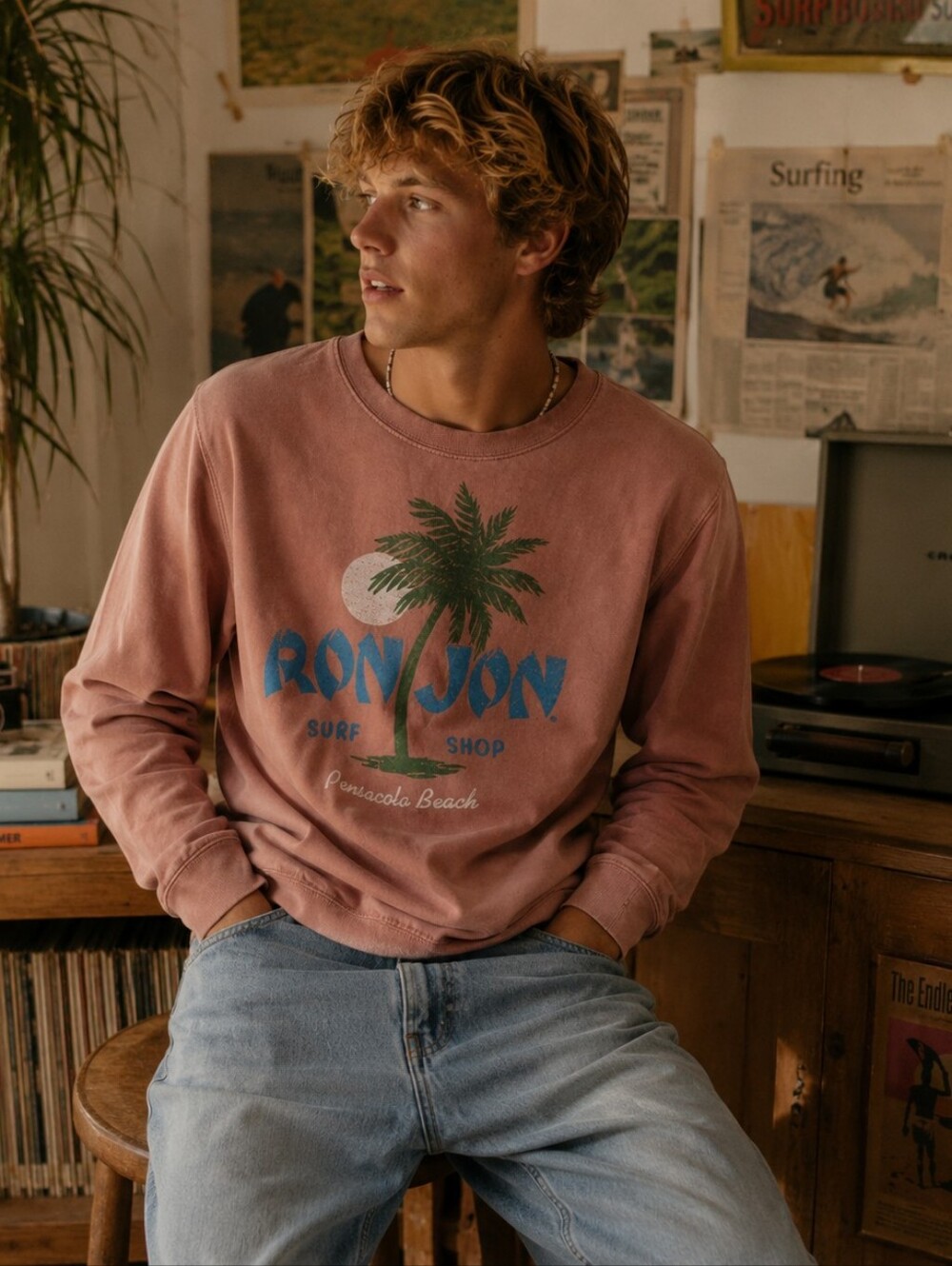Peach Blue Ron Jon Graphic Sweatshirt Green Surf Beach Costal Size Small